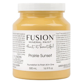 Prairie Sunset Fusion Mineral Paint, 500 mL jar, matte finish with English and French labeling.