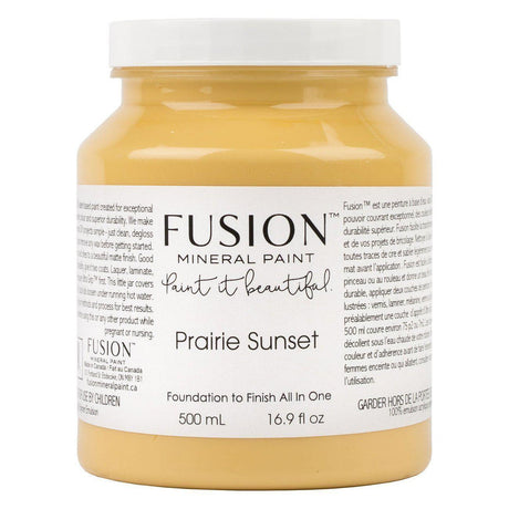 Prairie Sunset Fusion Mineral Paint, 500 mL jar, matte finish with English and French labeling.