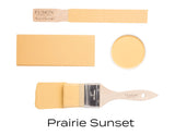Prairie Sunset by Fusion Mineral Paint shown as swatch, open can, brush, and color sample in matte finish.
