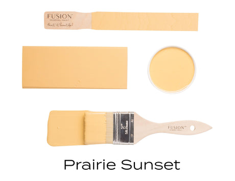Prairie Sunset by Fusion Mineral Paint shown as swatch, open can, brush, and color sample in matte finish.