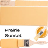 Prairie Sunset Fusion Mineral Paint in soft yellow-orange matte with brush, container, and swatch shown.