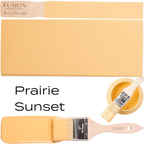 Prairie Sunset Fusion Mineral Paint in soft yellow-orange matte with brush, container, and swatch shown.