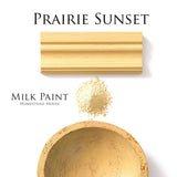 Prairie Sunset Milk Paint by Homestead House, yellow powder with wooden trim and painted bowl featuring text.