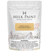 50g Homestead House Prairie Sunset Milk Paint bag with floral and barn art, plus health warning label.