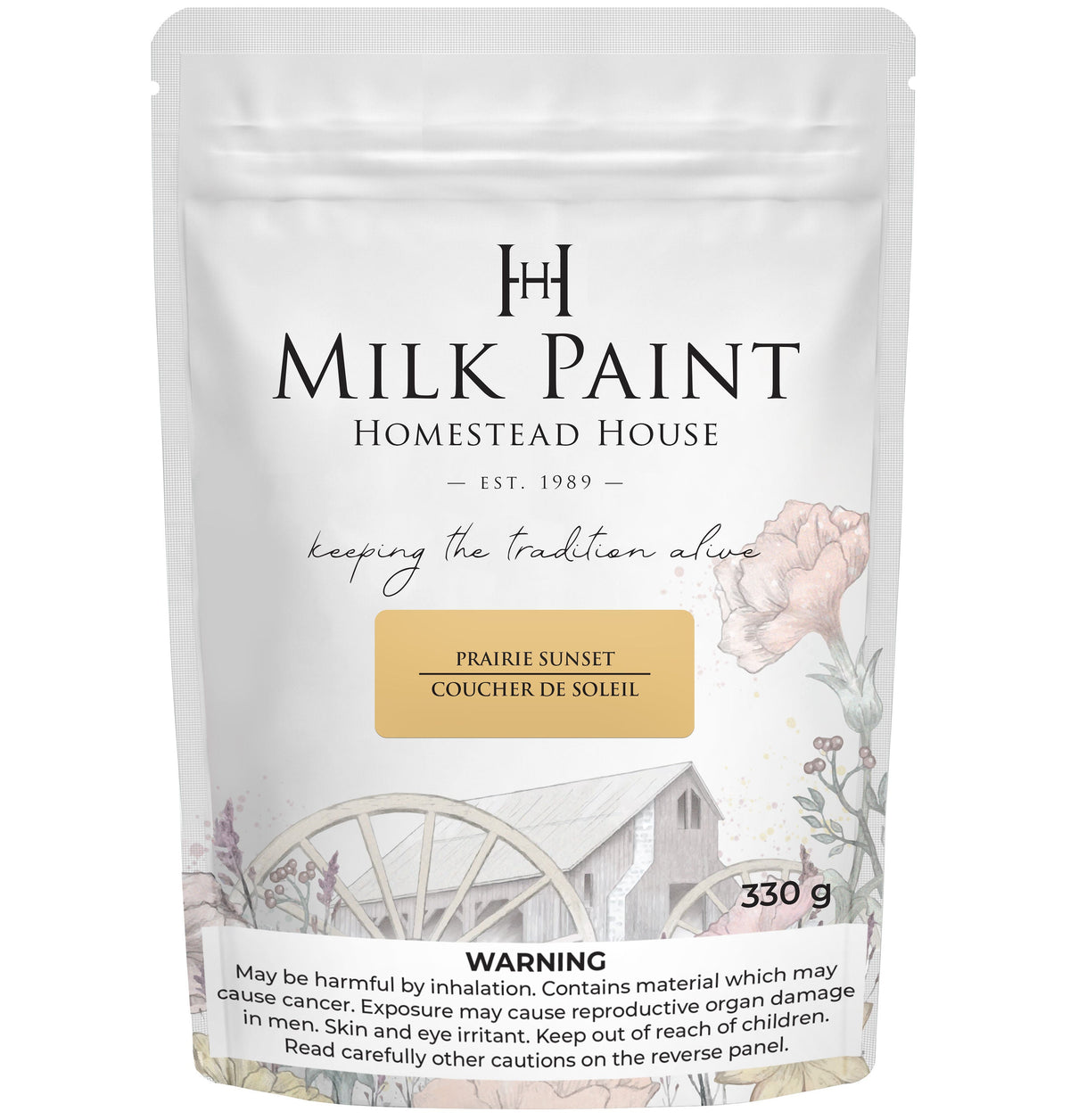 330g Prairie Sunset Milk Paint bag by Homestead House, featuring floral and wagon wheel illustrations.
