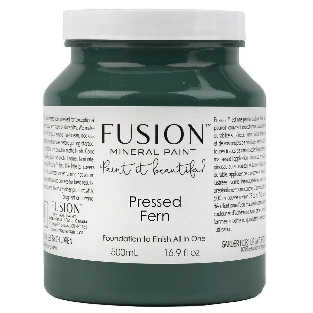 Fusion Mineral Paint Pressed Fern, 500mL jar with white label containing rich dark green paint.