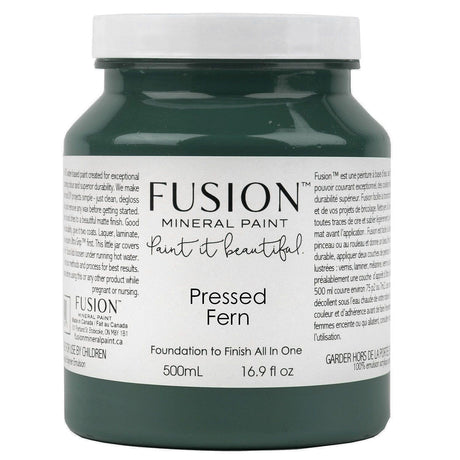 Fusion Mineral Paint Pressed Fern, 500mL jar with white label containing rich dark green paint.