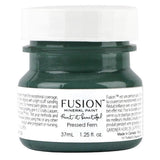 Fusion Mineral Paint 37mL jar in Pressed Fern, a dark green shade, with white lid and labeled front.