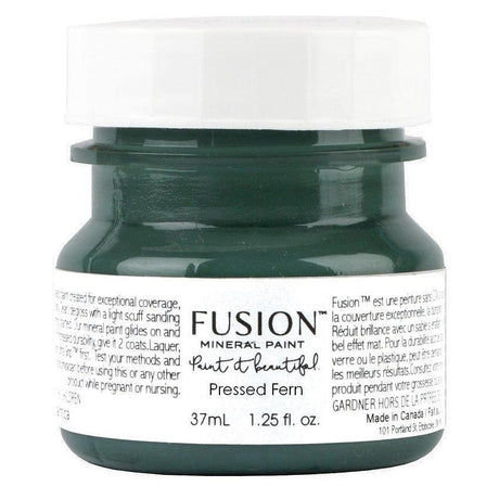 Fusion Mineral Paint 37mL jar in Pressed Fern, a dark green shade, with white lid and labeled front.