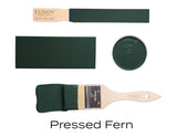 Fusion Mineral Paint Pressed Fern green displayed on brush, swatch, and bowl.