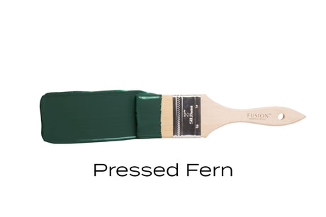 Paintbrush with Fusion Mineral Paint’s Pressed Fern, a dark green shade, against a white background.