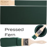 Paintbrush with dark green paint, color swatch, and Pressed Fern Fusion Mineral Paint label shown together.