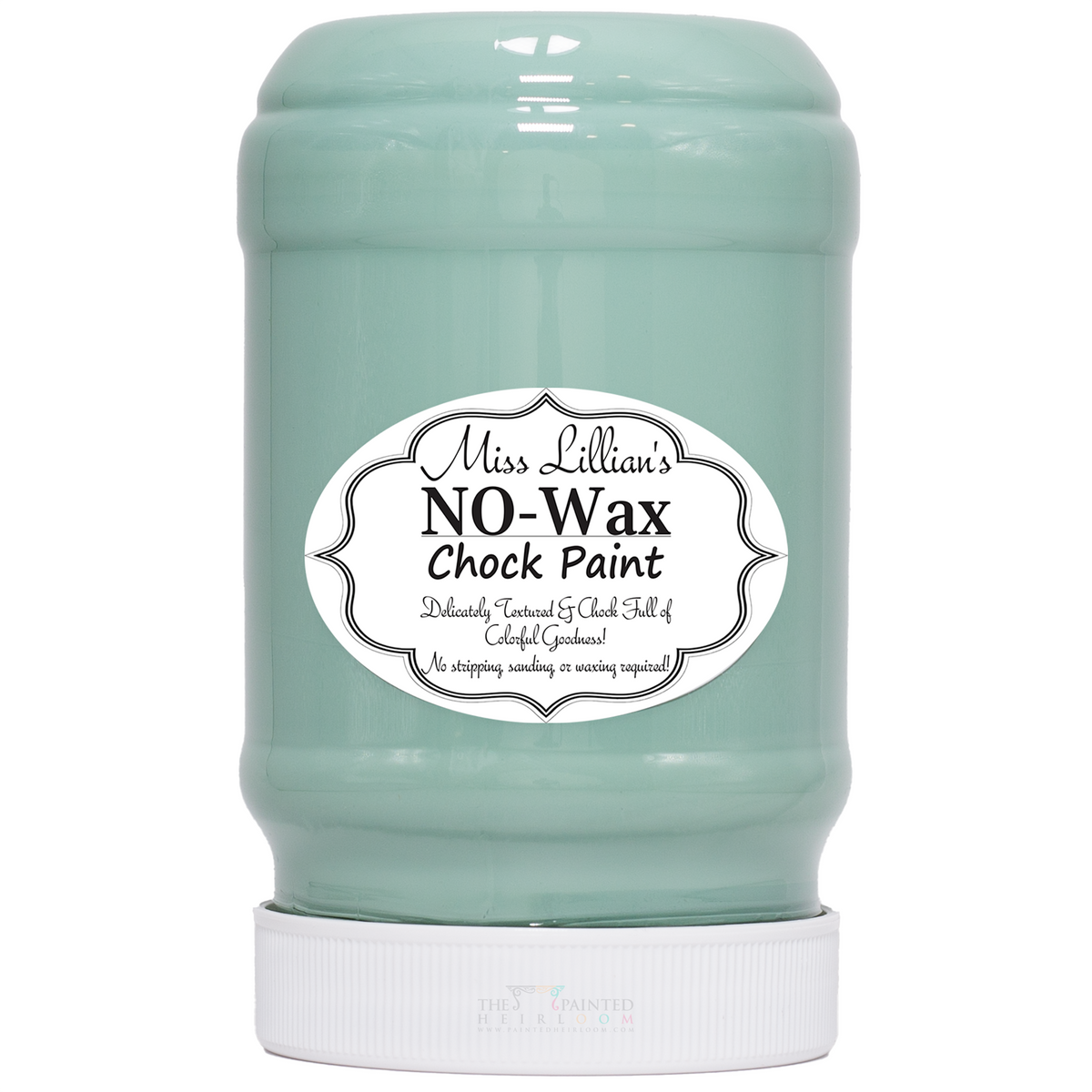 Miss Lillian’s Pretty ‘n’ Chic No-Wax Chock Paint in light teal container.