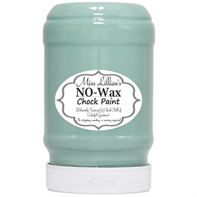 Miss Lillian’s Pretty ‘n’ Chic No-Wax Chock Paint in light teal container.