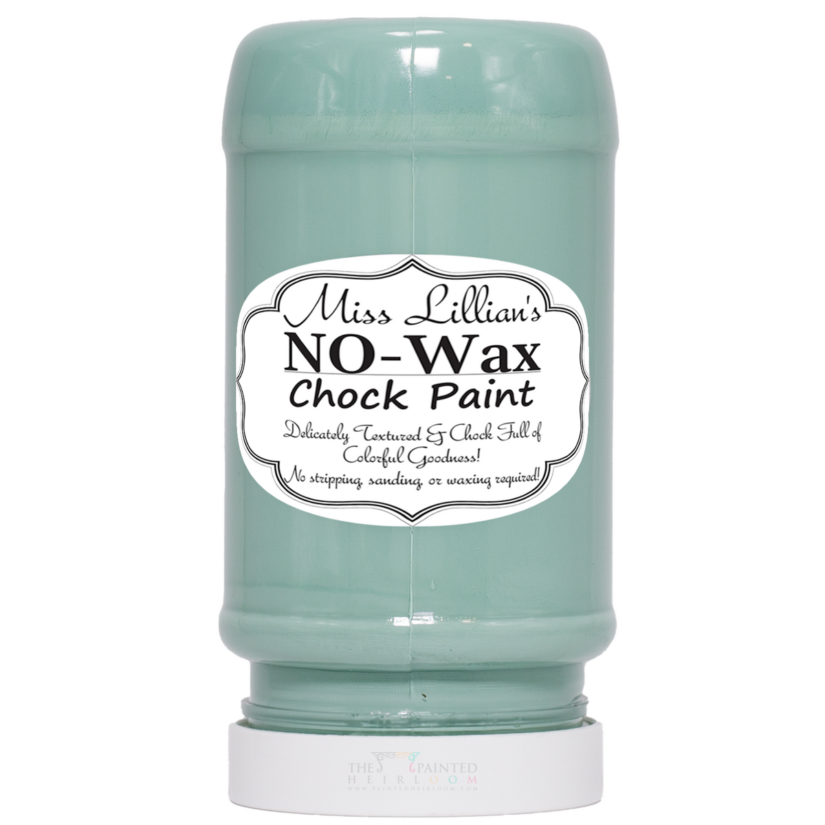 Miss Lillian’s Paint Pretty ‘n’ Chic No-Wax Chock Paint jar in light green displayed upside down.