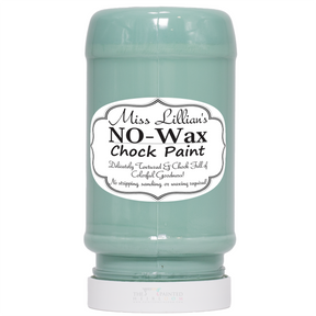 Miss Lillian’s Paint Pretty ‘n’ Chic No-Wax Chock Paint jar in light green displayed upside down.