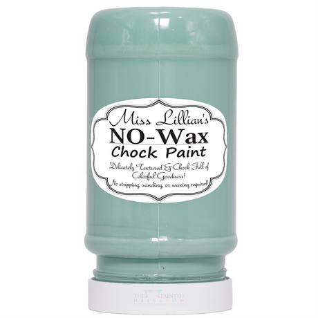 Miss Lillian’s Paint Pretty ‘n’ Chic No-Wax Chock Paint jar in light green displayed upside down.