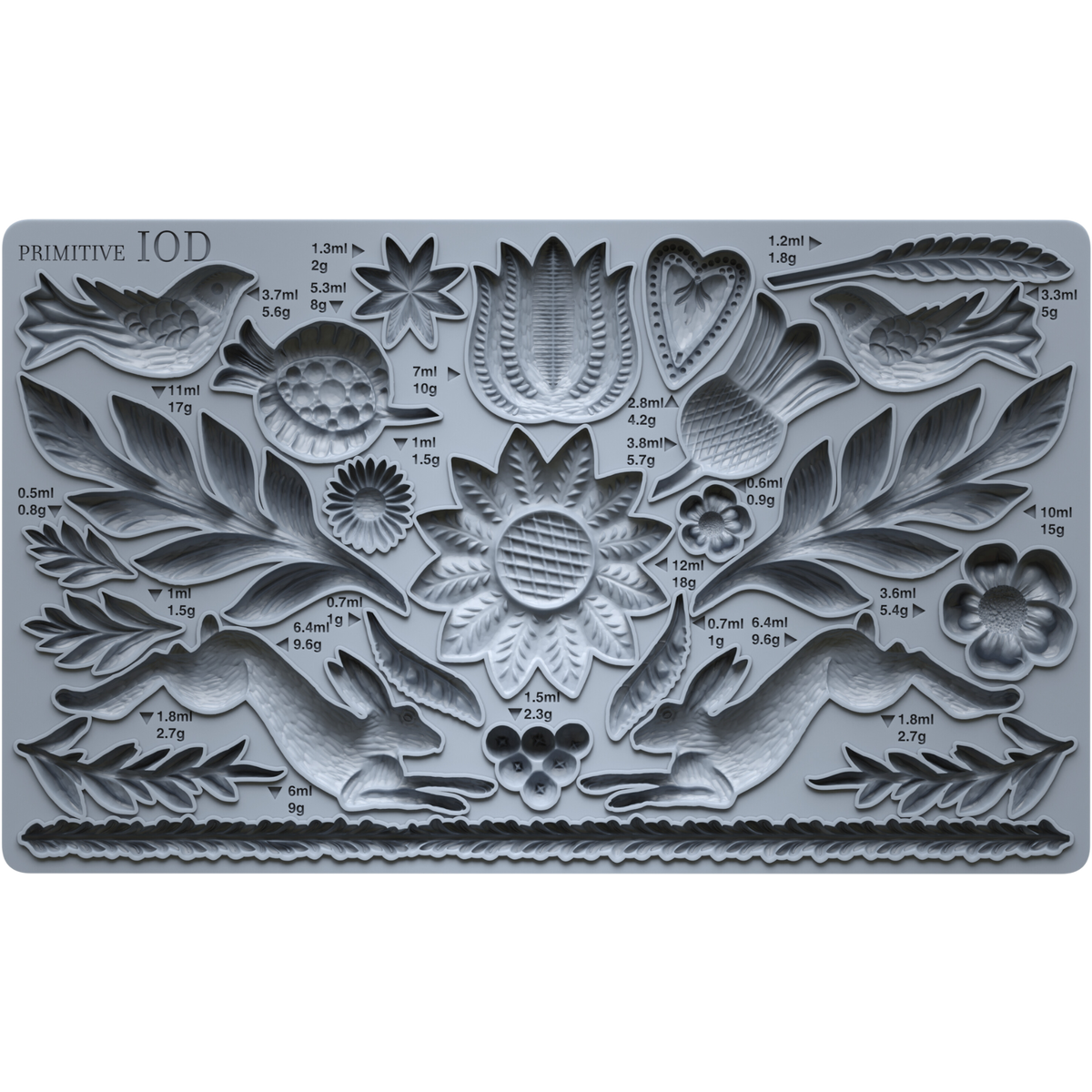 Primitive Mould by IOD featuring detailed floral, leaf, bird, and animal designs for crafting projects.