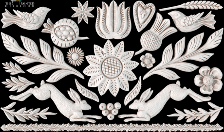 Primitive Mould by I.O.D. featuring folk art birds, rabbits, and floral motifs.