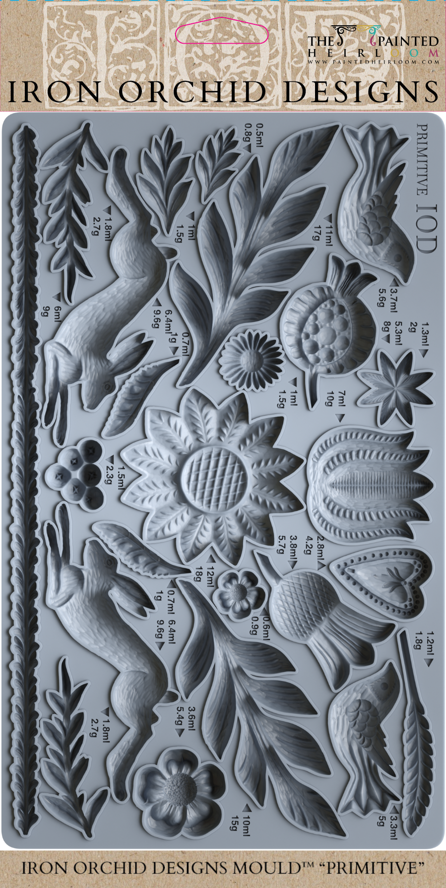 Primitive Mould by IOD in gray silicone with raised rabbits, flowers, and vegetables; shapes vary by weight.