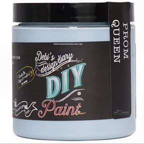 Jar of DIY Paint Co. Prom Queen paint, clay and chalk based, with black and teal label.