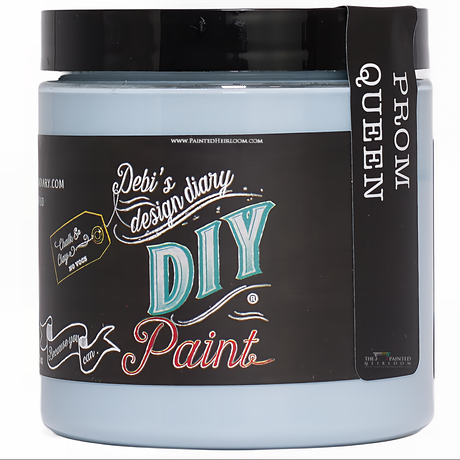 Jar of DIY Paint Co. Prom Queen paint, clay and chalk based, with black and teal label.