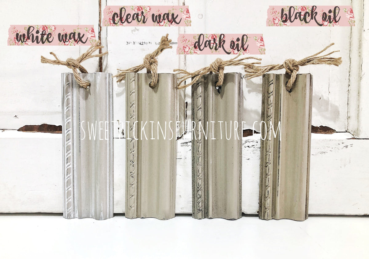 Four labeled wood trims tied with jute bows, shown with Old Fashioned Proper Milk Paint by Sweet Pickins.