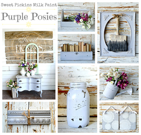 Lavender decor collage painted with Old Fashioned Milk Paint’s Purple Posies, includes flowers, books, mason jar.