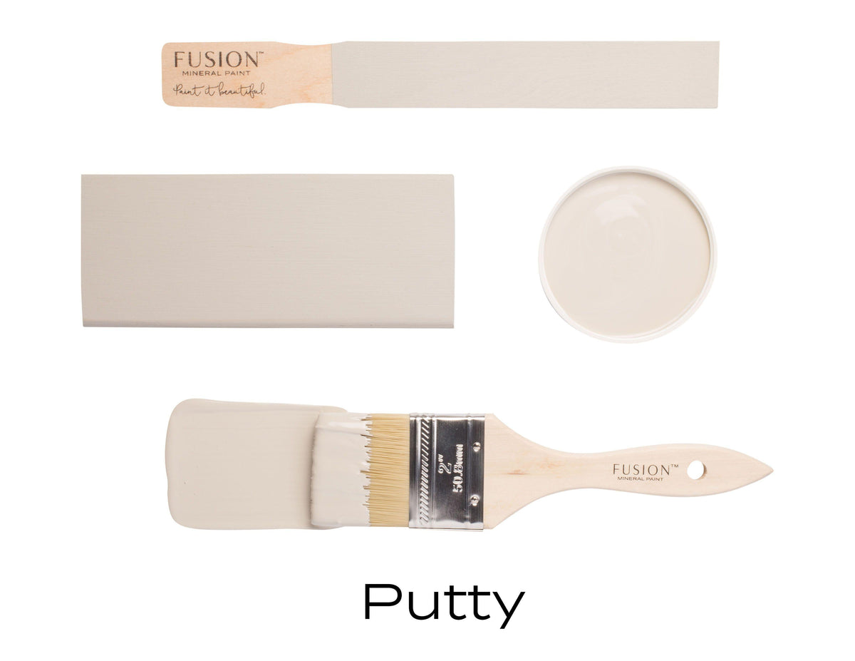 Paint brush, Fusion Mineral Paint all-in-one sample card, round container, and Putty color swatch.