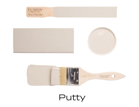 Paint brush, Fusion Mineral Paint all-in-one sample card, round container, and Putty color swatch.