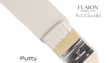 Paintbrush with beige Putty Fusion Mineral Paint, Fusion Mineral Paint logo, and “Paint it beautiful!” slogan.