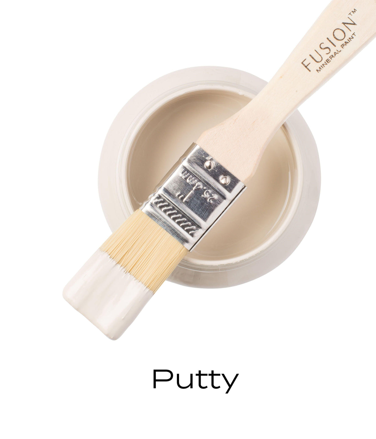 Open jar of Putty Fusion Mineral Paint with brush on top; all-in-one acrylic, matte finish.
