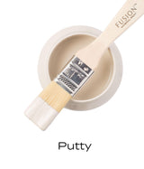Open jar of Putty Fusion Mineral Paint with brush on top; all-in-one acrylic, matte finish.