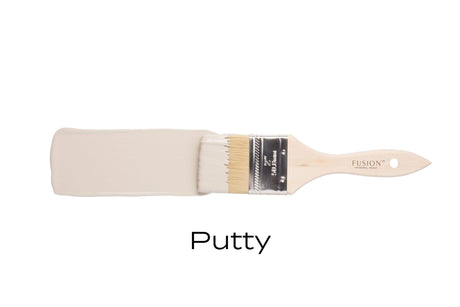 Beige Putty Fusion Mineral Paint brush on white background; all-in-one acrylic paint.
