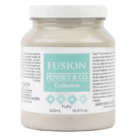 Fusion Mineral Paint Putty, 500 mL acrylic, matte finish jar with white lid and branded label.