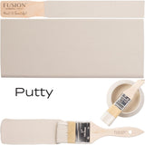 Putty Fusion Mineral Paint with two swatches, a brush, and a bowl arranged together.