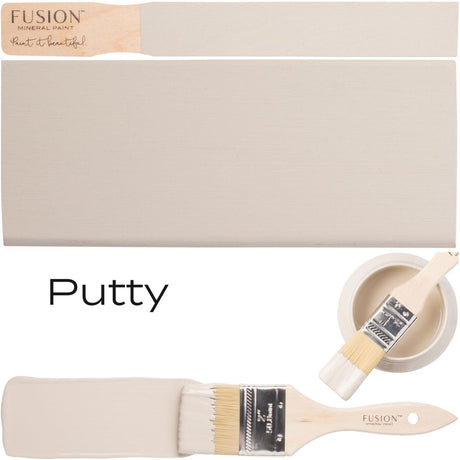 Putty Fusion Mineral Paint with two swatches, a brush, and a bowl arranged together.