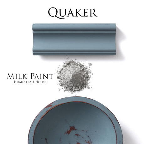 Quaker Blue Milk Paint powder, bowl, and Homestead House paint sample displayed together.