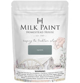 330g Quaker Blue Milk Paint pouch by Homestead House, floral and wagon graphics on packaging.