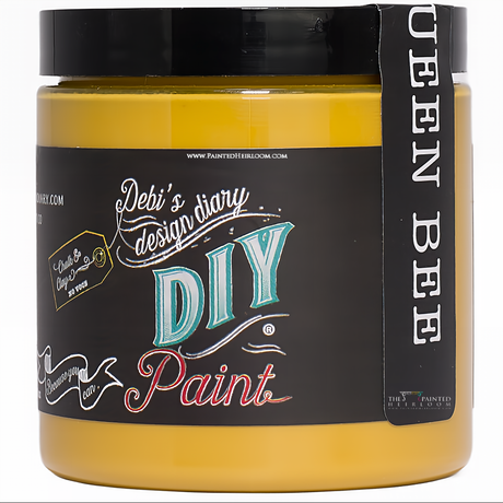 DIY Paint Co. Queen Bee yellow paint jar, eco-friendly, labeled for furniture and clay or chalk projects.