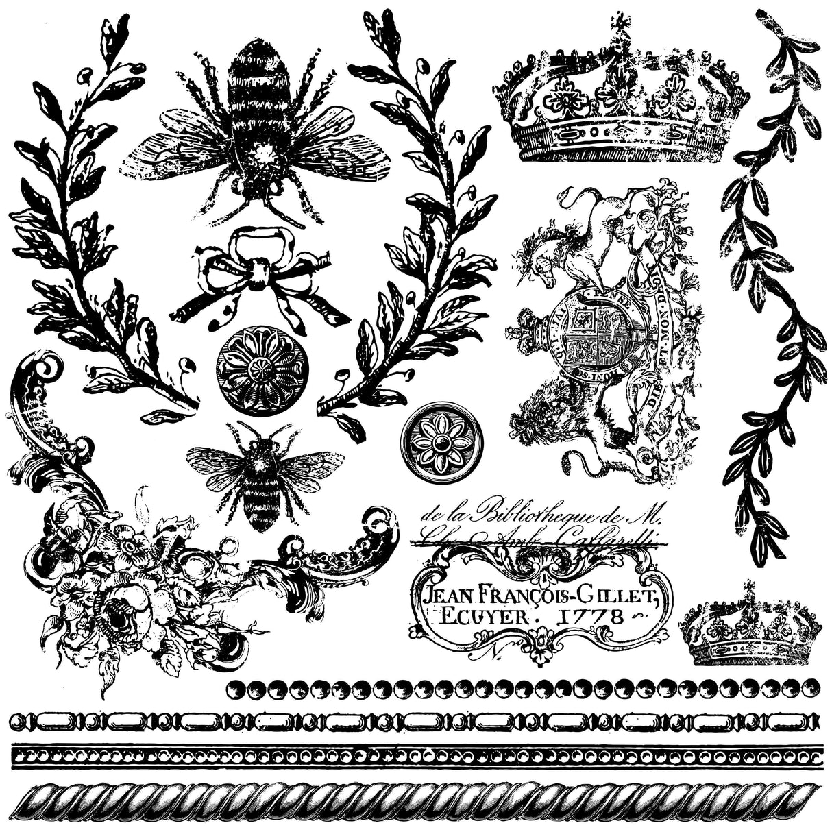 IOD Queen Bee Stamp with vintage black and white bees, crowns, lions, and French motifs by Iron Orchid Designs.