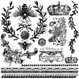 IOD Queen Bee Stamp with vintage black and white bees, crowns, lions, and French motifs by Iron Orchid Designs.