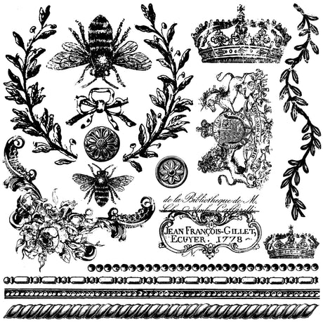 IOD Queen Bee Stamp with vintage black and white bees, crowns, lions, and French motifs by Iron Orchid Designs.