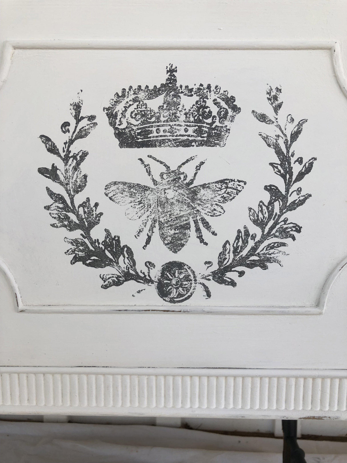 Black bee with laurel and crown design, inspired by Queen Bee Stamp by IOD from Iron Orchid Designs.
