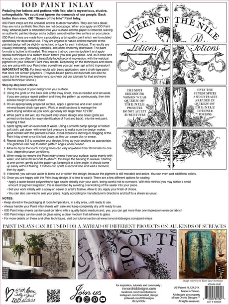 Queen of the Nile Paint Inlay by I.O.D. with included instructions, tips, original art, and brand contact info.