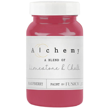 Fusion Mineral Paint Raspberry Alchemy chalk-style paint in a red jar with white lid.