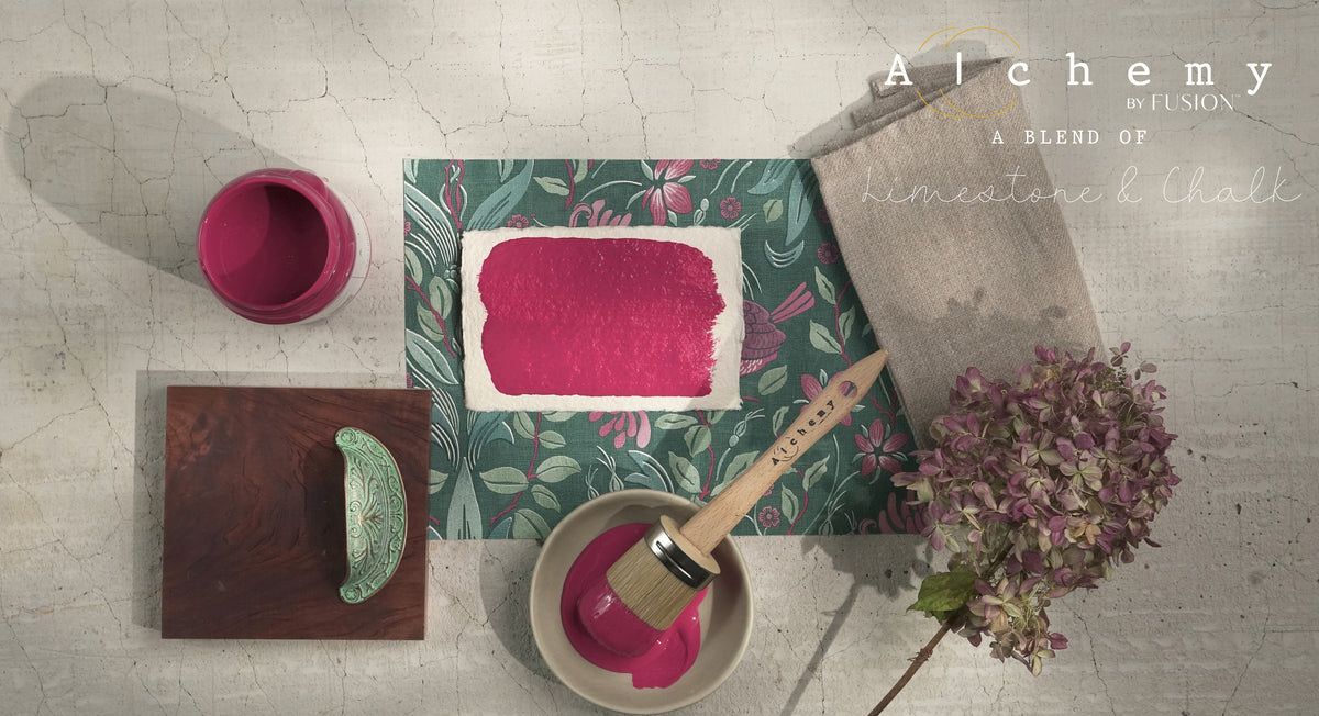 Open Alchemy by Fusion Digital Downloads swatch on floral paper with brush, napkin, flower, and knife.