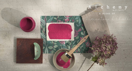Open Alchemy by Fusion Digital Downloads swatch on floral paper with brush, napkin, flower, and knife.