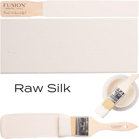 Fusion Mineral Paint Raw Silk acrylic paint container with paintbrush and swatches.