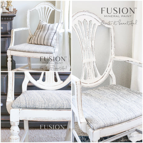 White armchair in Raw Silk by Fusion Mineral Paint with striped cushion, shown from three angles.